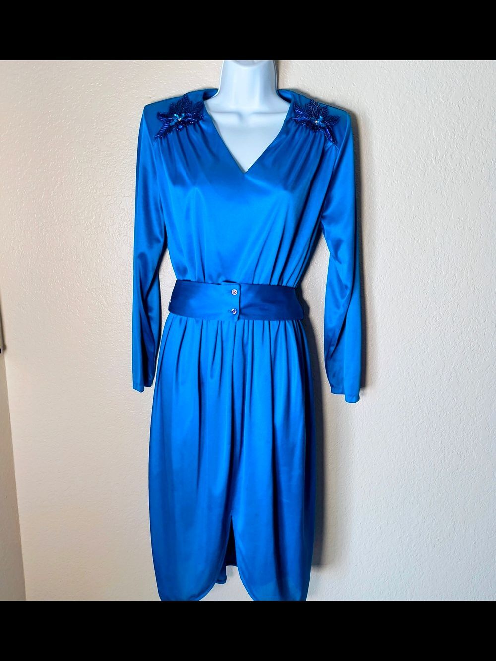 Vintage 1980s Royal Blue V-Neck Long Sleeve Dress with Embellished Shoulders